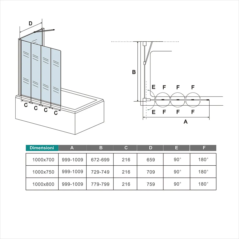 100x140cm Parete Doccia Sopravasca Angolare 4 Ante Pieghevoli Vetro con Parete Laterale 70cm Vetro Temperato 6 mm Trasparente Telaio Argento Opaco