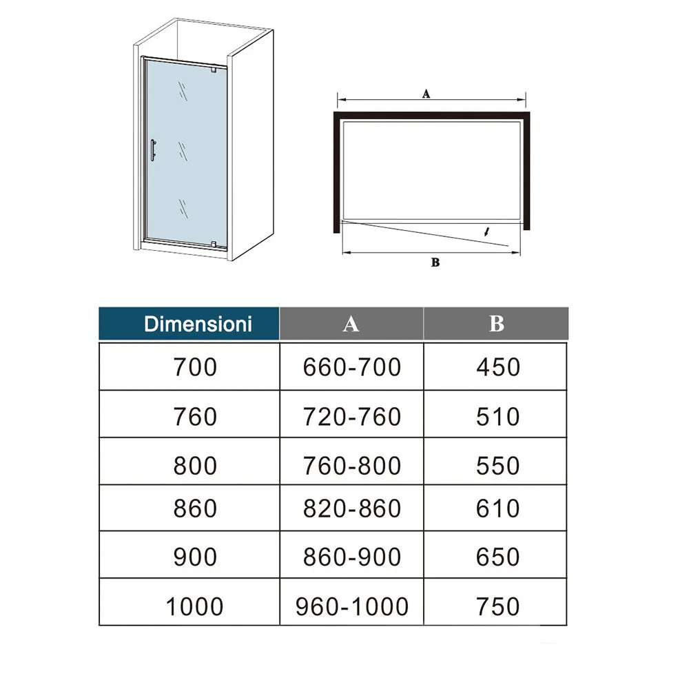 185cm Box Doccia per Nicchia Porta Girevole Battente Vetro Temperato 5 mm Trasparente  Profili Cromati Lucidi Misura