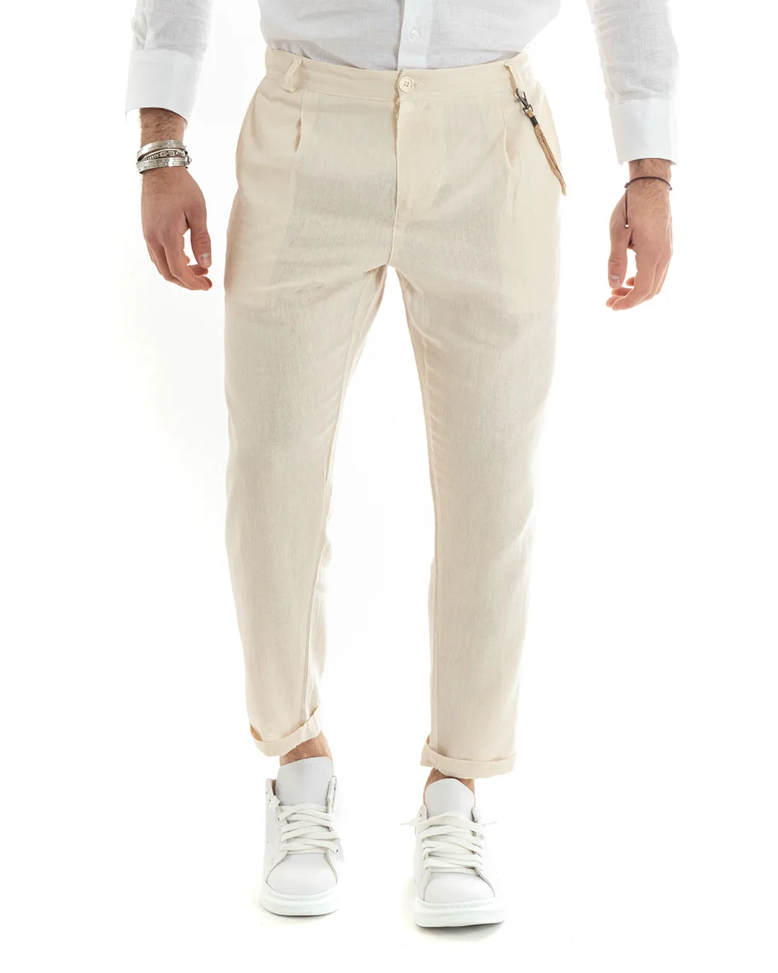 Abito Uomo Monopetto Completo Lino Sartoriale Giacca Pantaloni Tinta Unita Beige GIOSAL-OU2322A