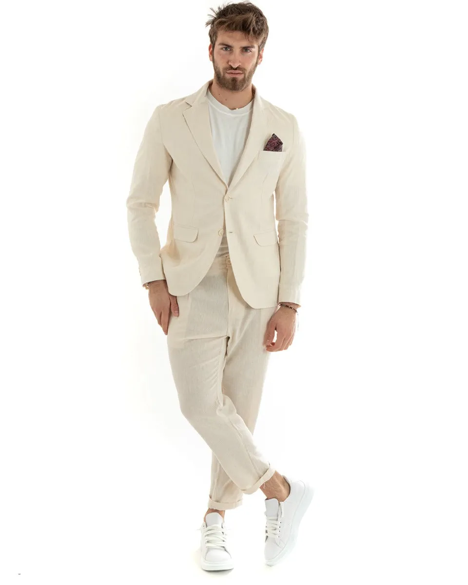 Abito Uomo Monopetto Completo Lino Sartoriale Giacca Pantaloni Tinta Unita Beige GIOSAL-OU2322A