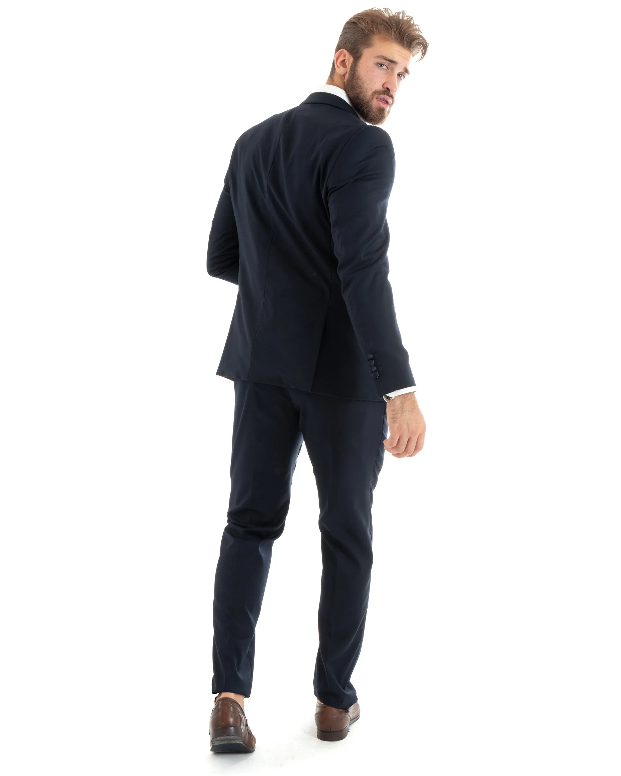 Abito Uomo Monopetto Vestito Smoking Rever Raso Completo Giacca Pantaloni Blu Elegante GIOSAL-OU2425A