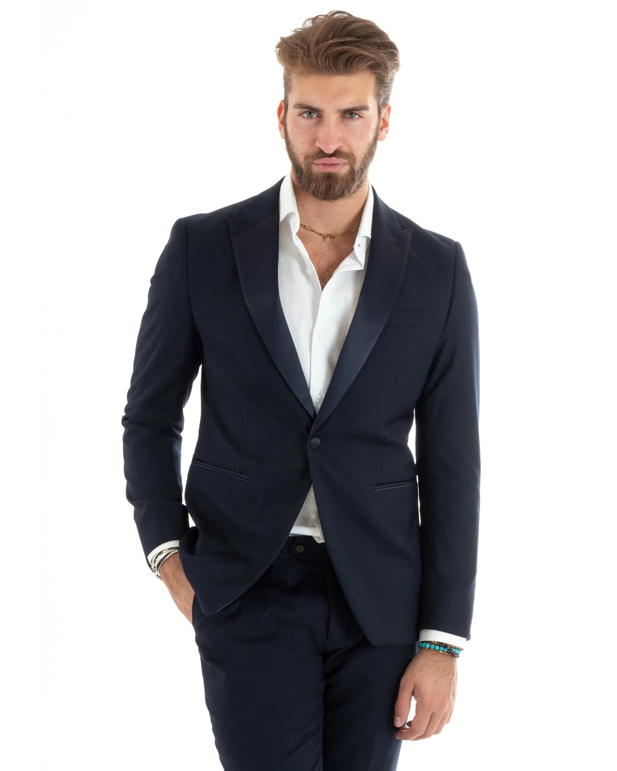 Abito Uomo Monopetto Vestito Smoking Rever Raso Completo Giacca Pantaloni Blu Elegante GIOSAL-OU2425A