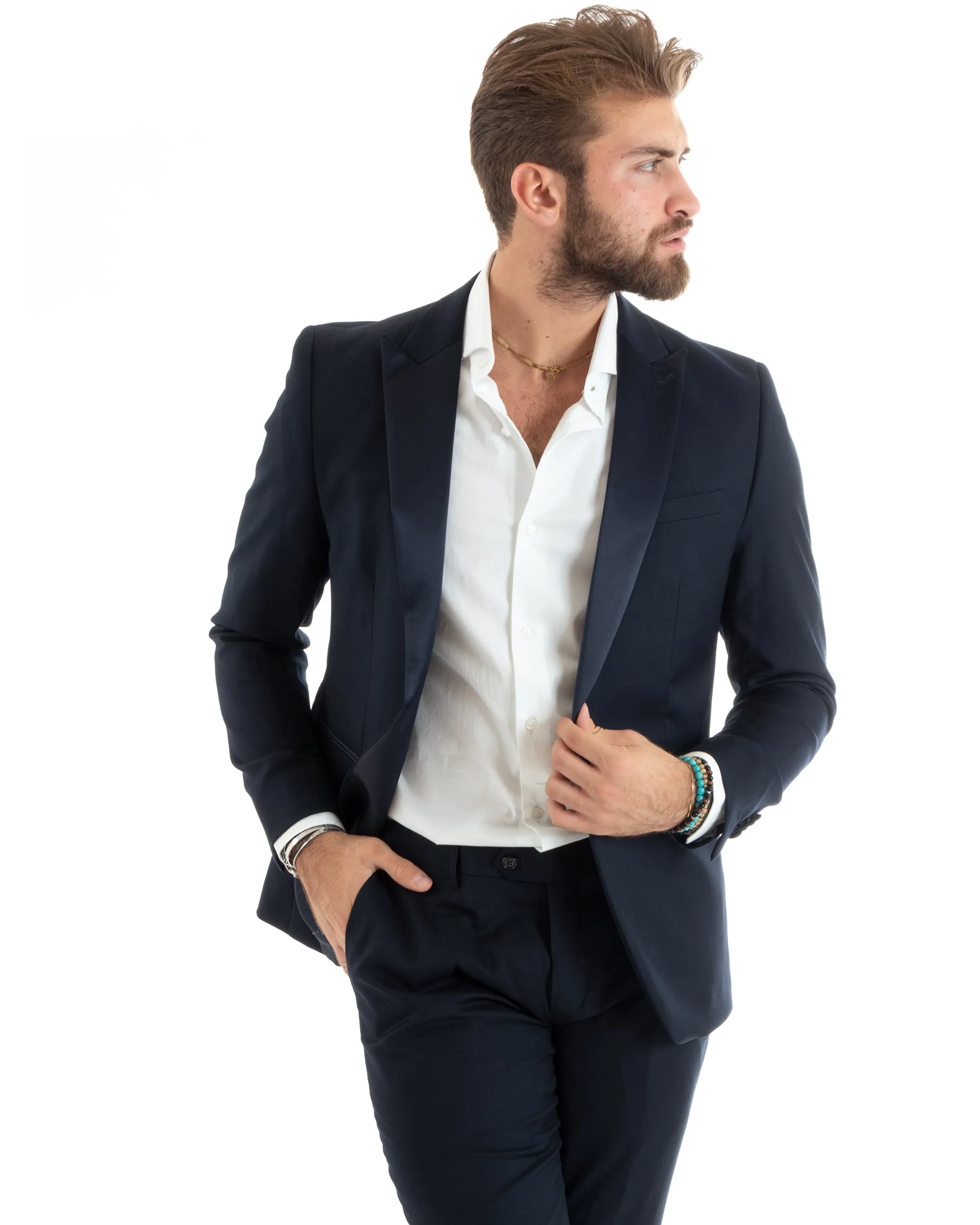 Abito Uomo Monopetto Vestito Smoking Rever Raso Completo Giacca Pantaloni Blu Elegante GIOSAL-OU2425A