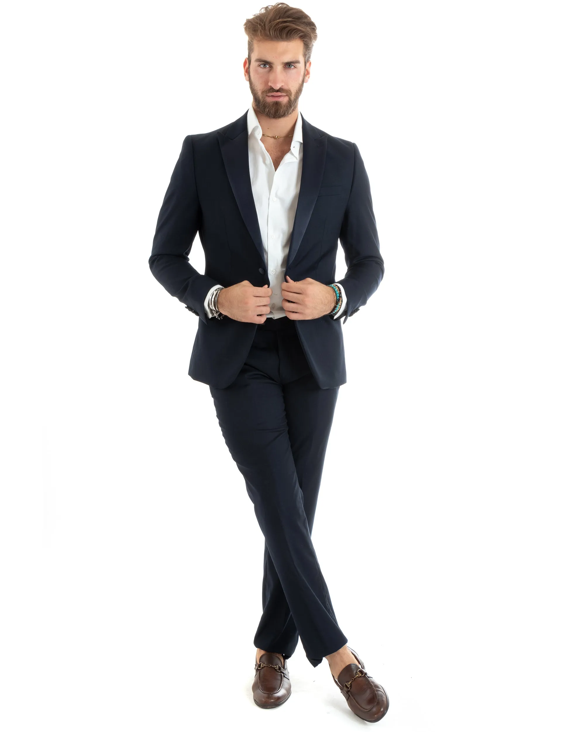 Abito Uomo Monopetto Vestito Smoking Rever Raso Completo Giacca Pantaloni Blu Elegante GIOSAL-OU2425A