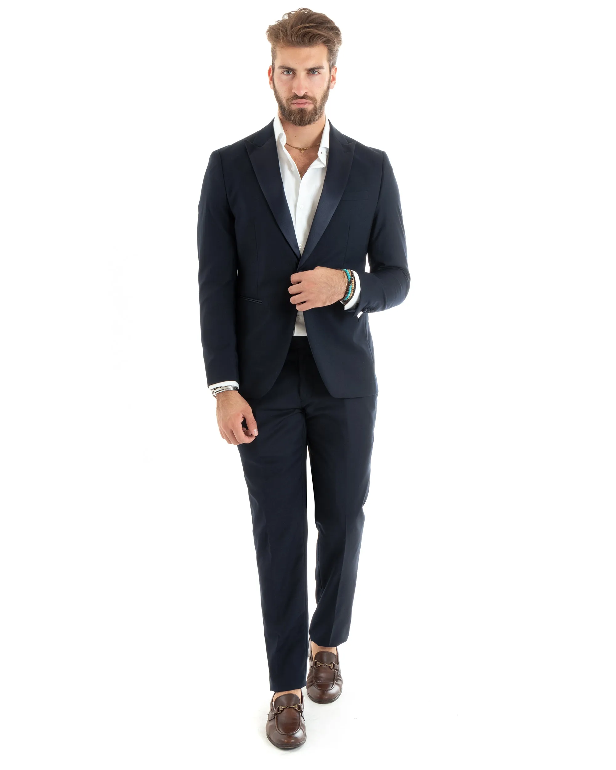 Abito Uomo Monopetto Vestito Smoking Rever Raso Completo Giacca Pantaloni Blu Elegante GIOSAL-OU2425A