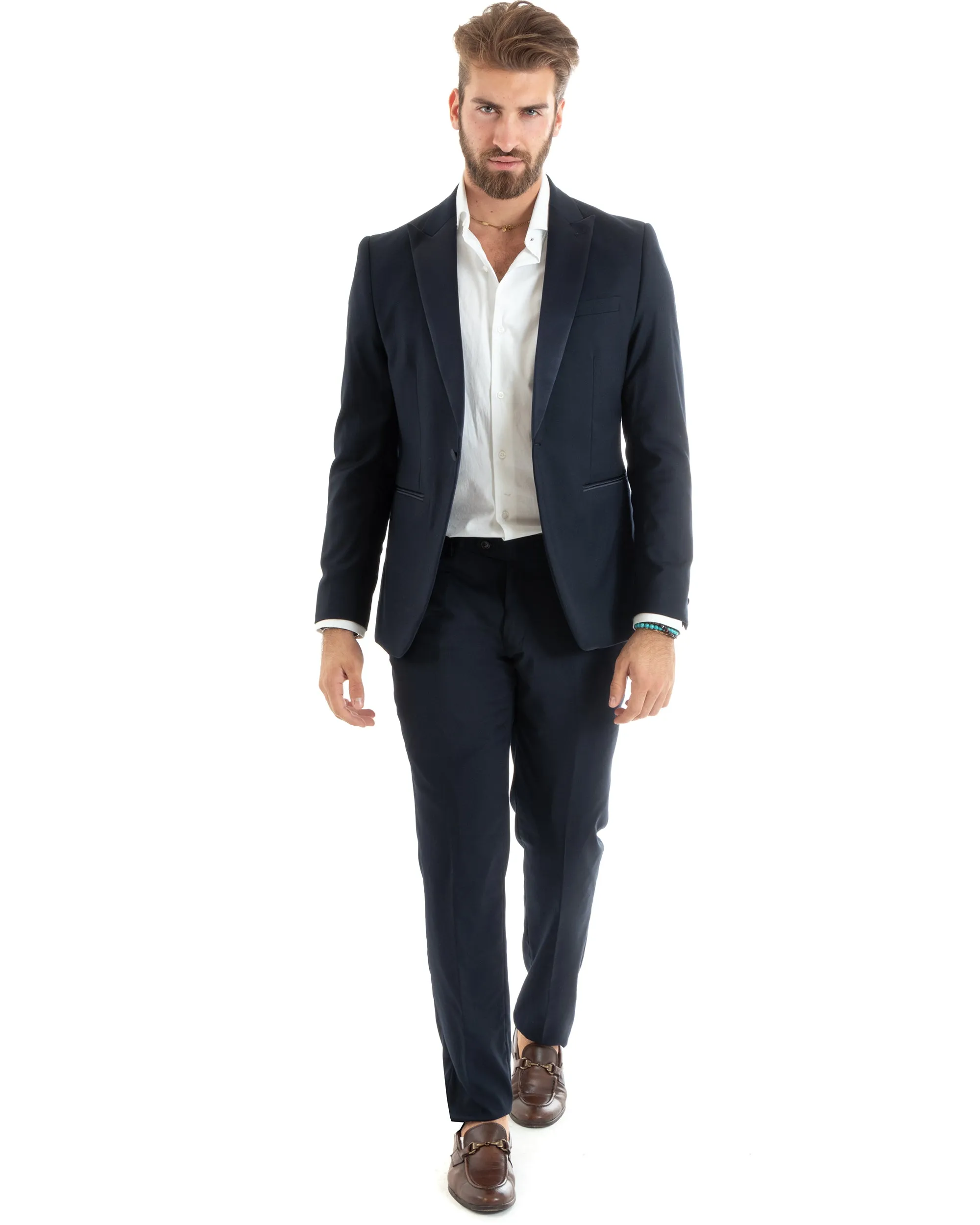 Abito Uomo Monopetto Vestito Smoking Rever Raso Completo Giacca Pantaloni Blu Elegante GIOSAL-OU2425A