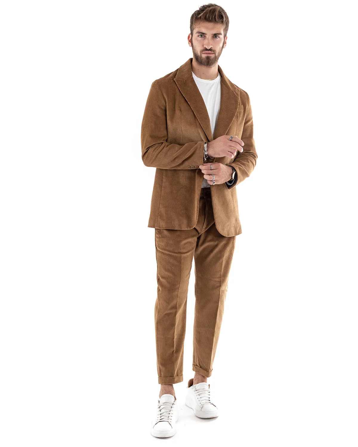 Abito Uomo Monopetto Vestito Velluto Completo Giacca Pantaloni Camel Elegante Cerimonia GIOSAL-OU2188A