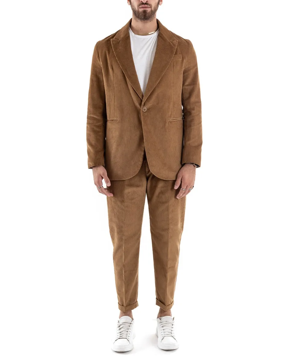 Abito Uomo Monopetto Vestito Velluto Completo Giacca Pantaloni Camel Elegante Cerimonia GIOSAL-OU2188A