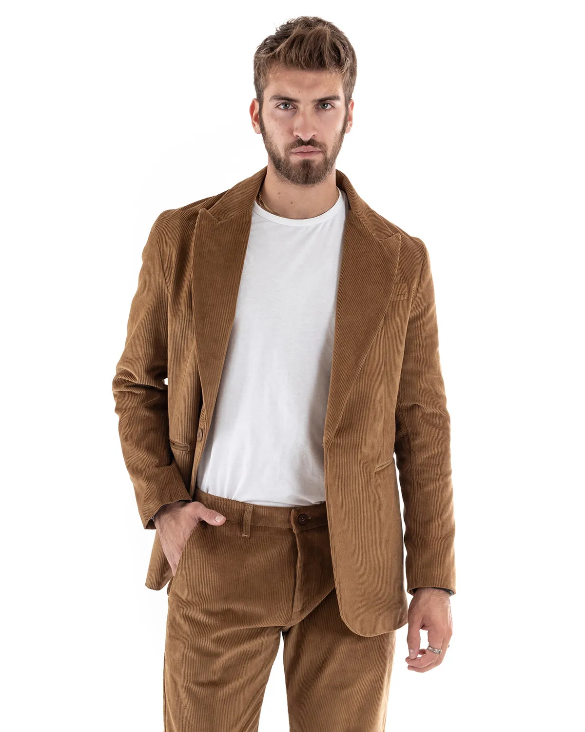 Abito Uomo Monopetto Vestito Velluto Completo Giacca Pantaloni Camel Elegante Cerimonia GIOSAL-OU2188A