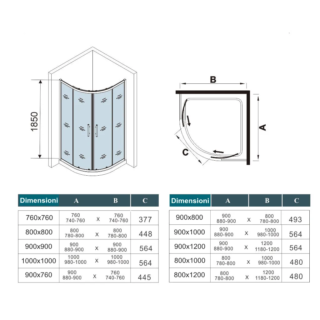 AICA 185 cm Box Doccia Semicircolare Apertura Scorrevole Vetro Temperato 5 mm Trasparente Ingresso Centrale