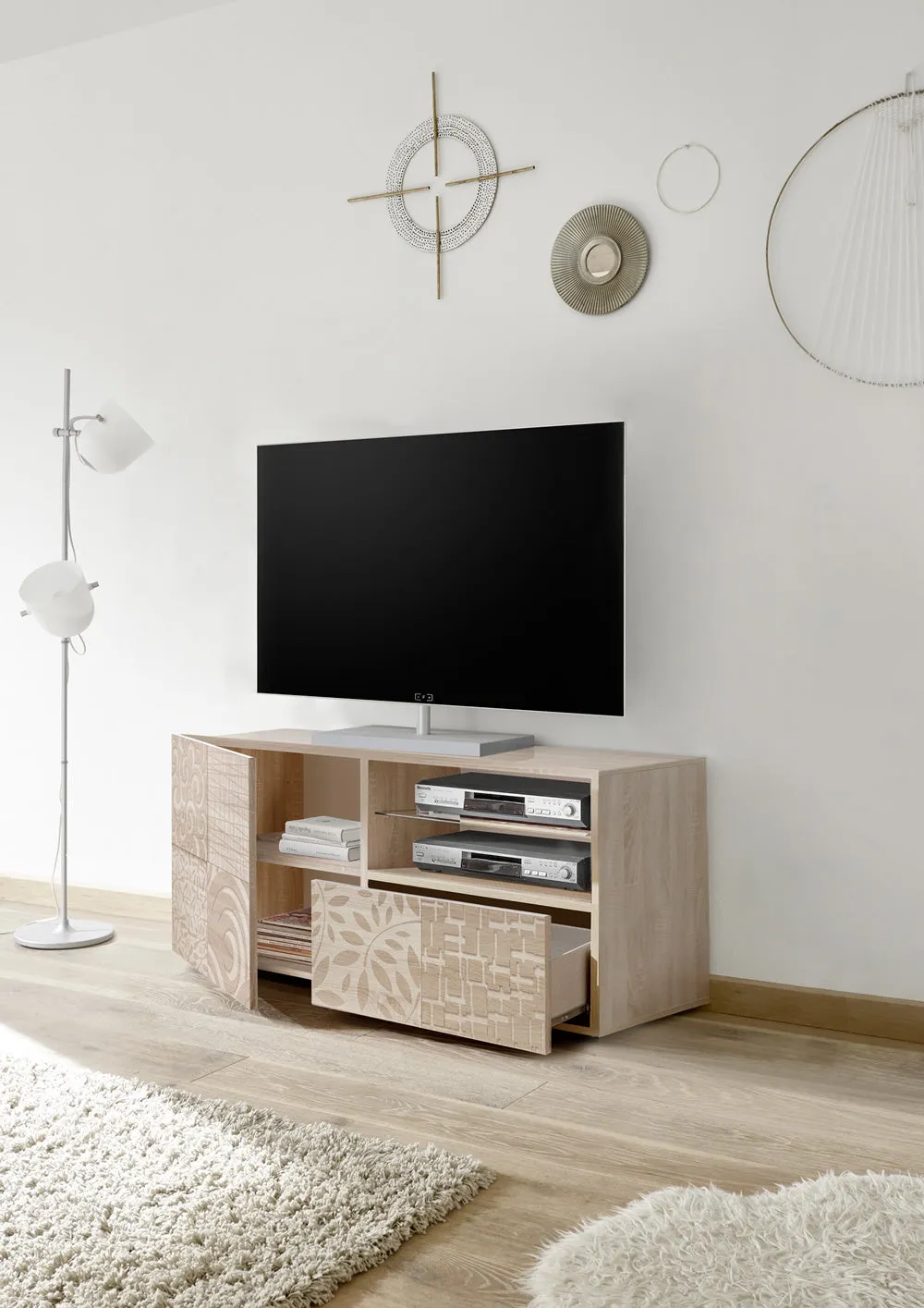 Anton - Porta tv design moderno finitura rovere serigrafata cm 122x42x57h