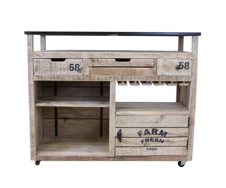 Bancone da bar in legno con porta bicchieri porta bottiglie e ruote stile country cm 129x50x102h