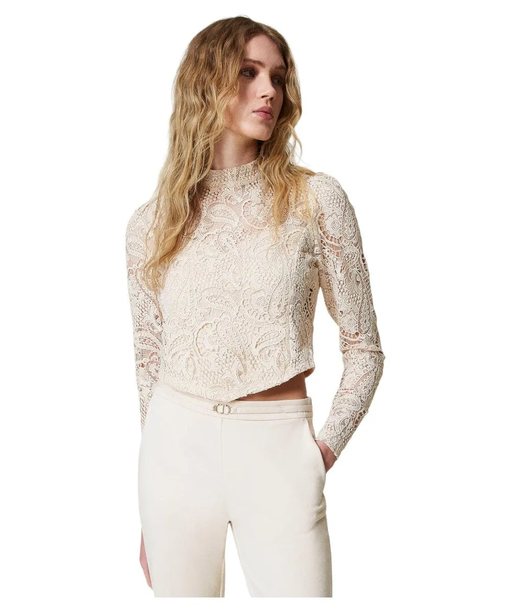 Blusa Cropped in Pizzo Macramè con Collo alla Coreana