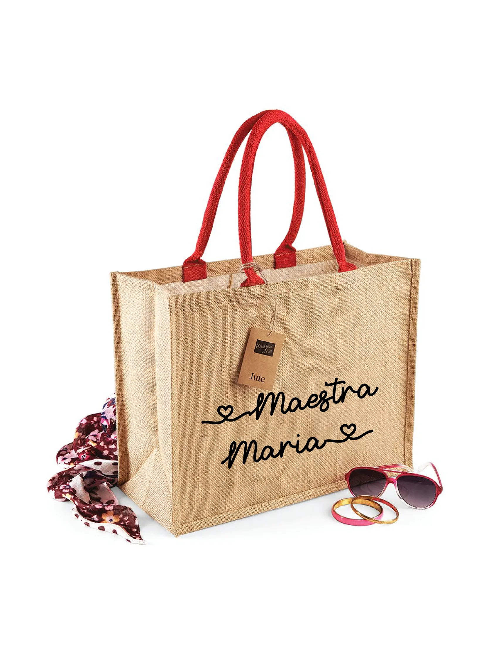 Borsa in Juta manico Rosso Corallo personalizzabile Regalo maestre fine anno