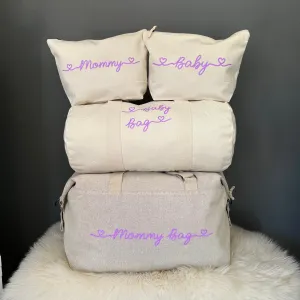 Borsone mamma, 1 borsone baby  e 2 Pochette con cuoricini Lavanda Glitter