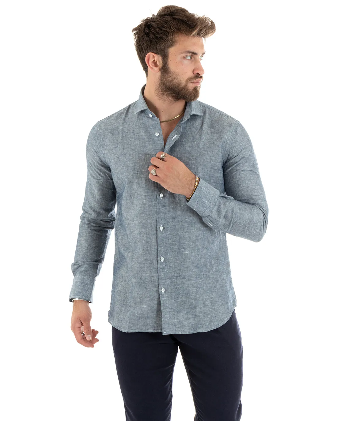 Camicia Uomo Con Colletto Francese Manica Lunga Lino Melangiata Sartoriale Blu GIOSAL-C2685A