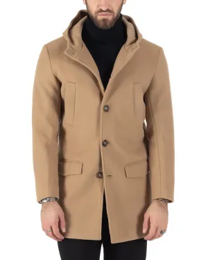 Cappotto Monopetto Uomo Giacca Giaccone Con Cappuccio Camel Baronetto Elegante GIOSAL-CO1006A