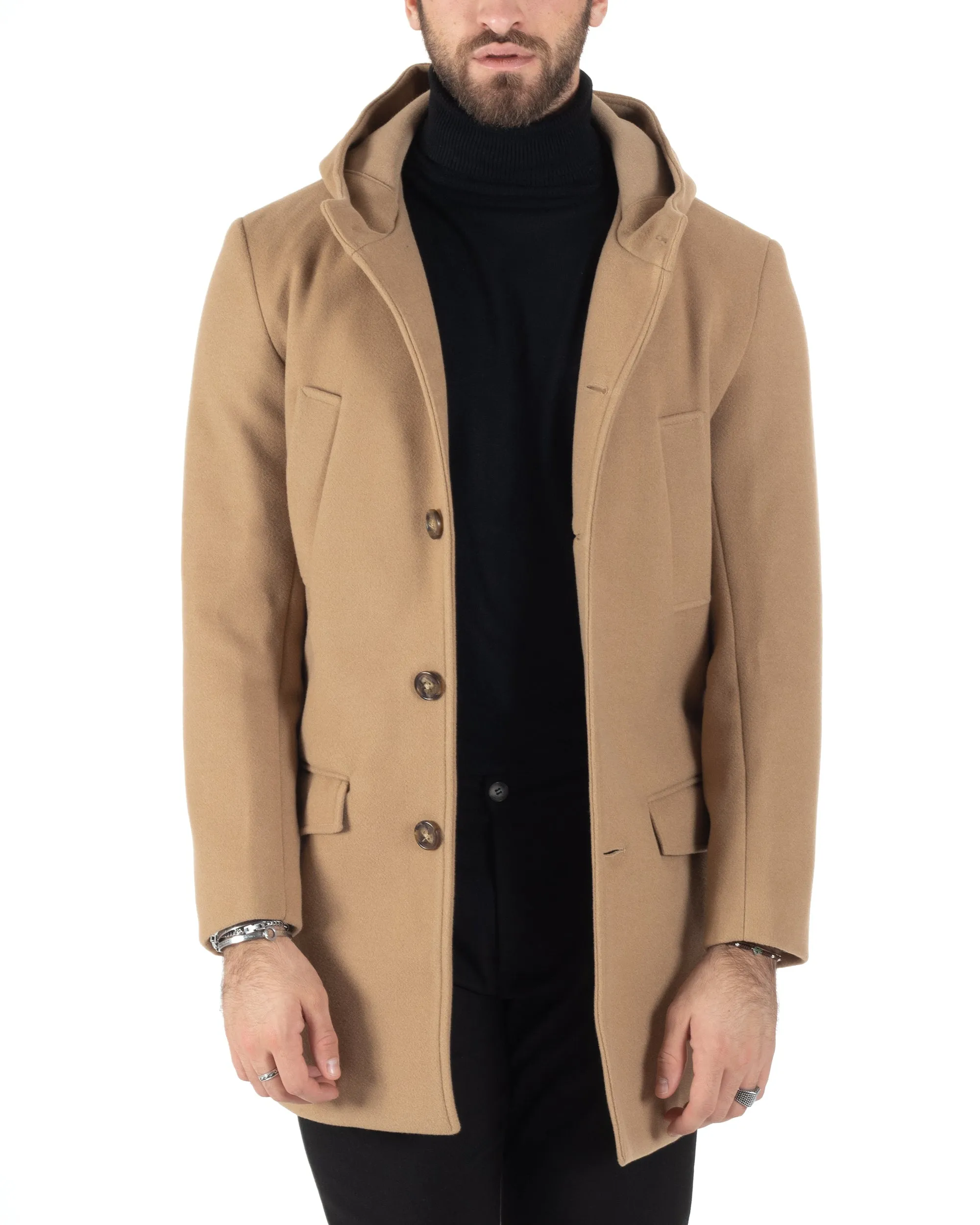 Cappotto Monopetto Uomo Giacca Giaccone Con Cappuccio Camel Baronetto Elegante GIOSAL-CO1006A