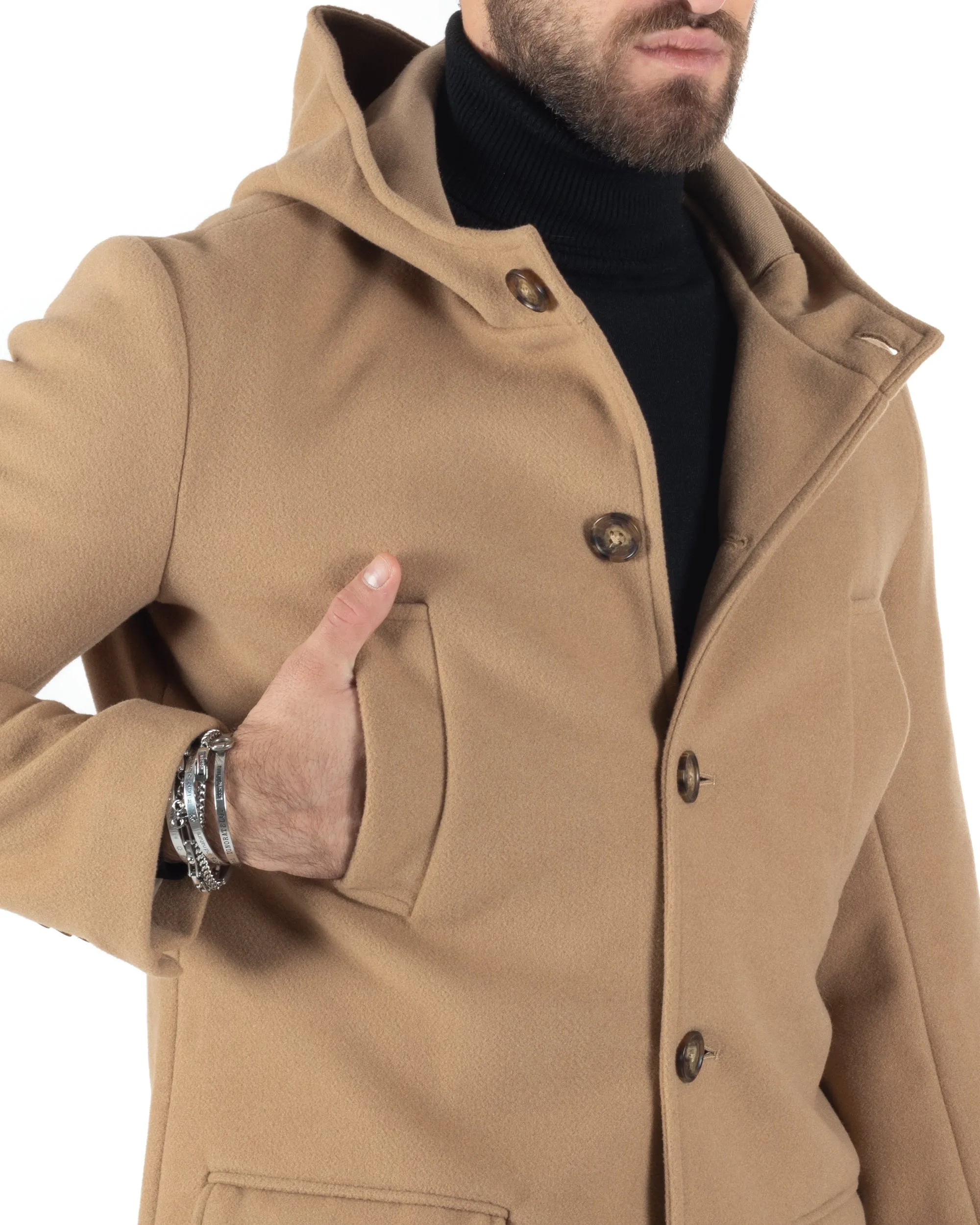 Cappotto Monopetto Uomo Giacca Giaccone Con Cappuccio Camel Baronetto Elegante GIOSAL-CO1006A