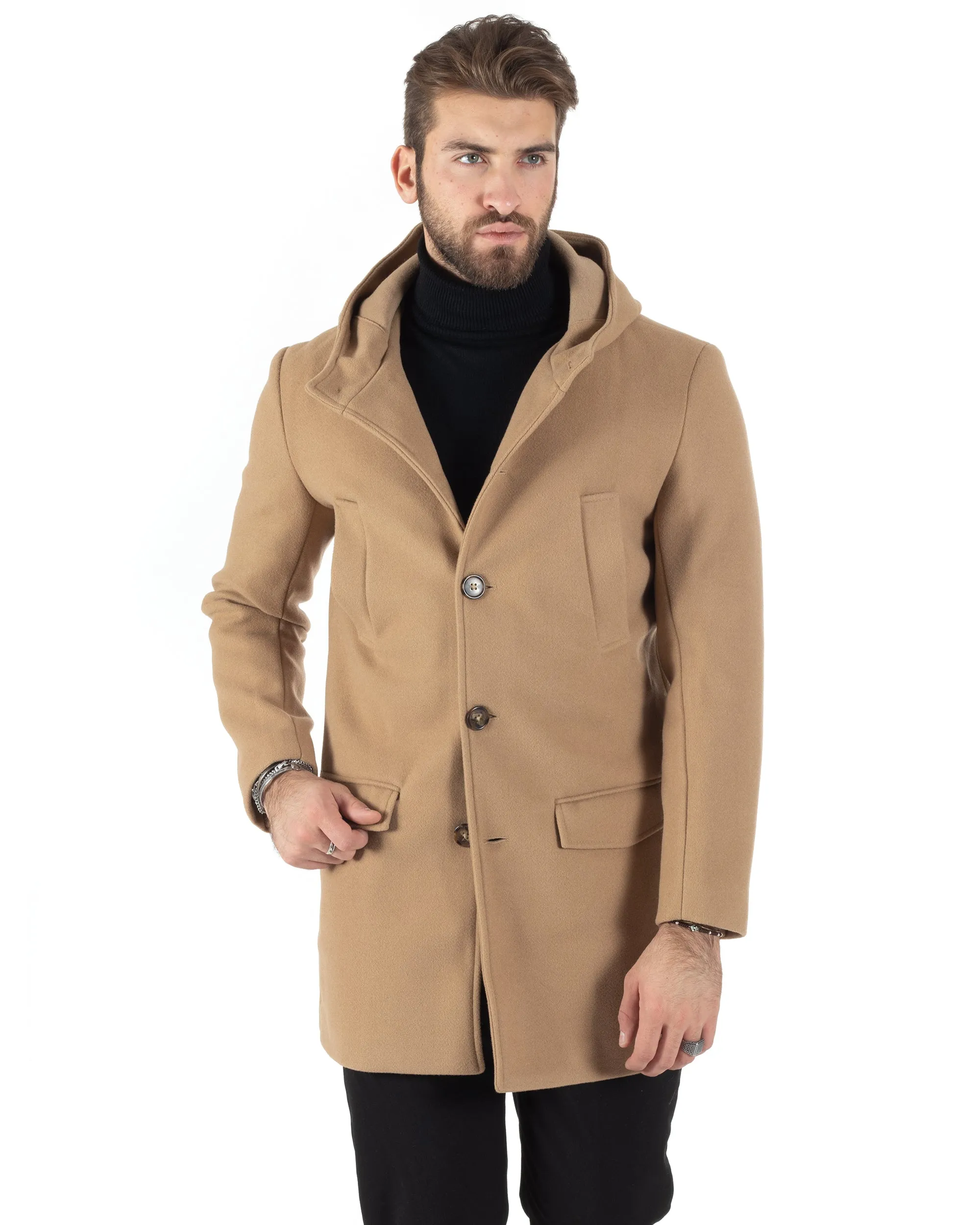 Cappotto Monopetto Uomo Giacca Giaccone Con Cappuccio Camel Baronetto Elegante GIOSAL-CO1006A