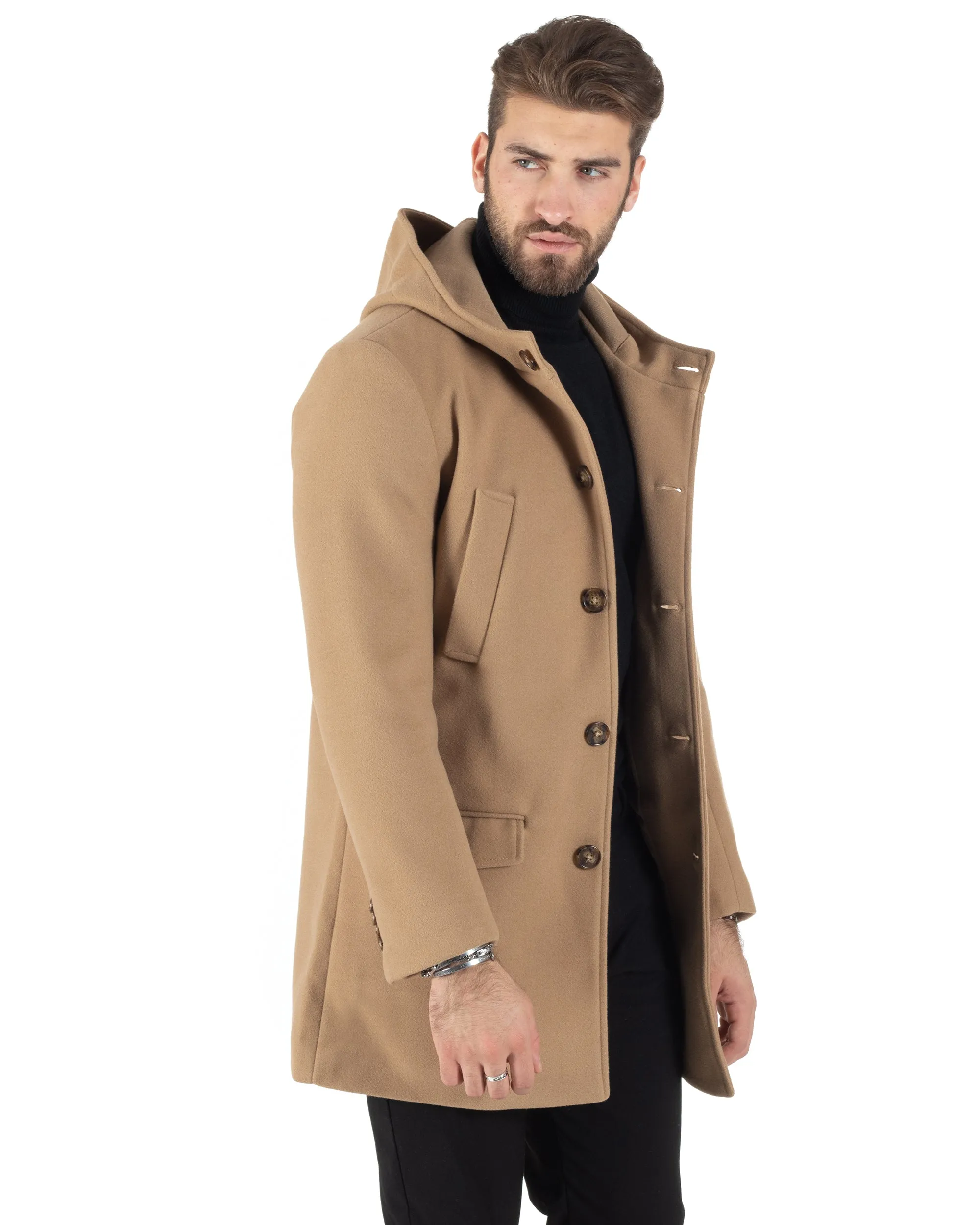 Cappotto Monopetto Uomo Giacca Giaccone Con Cappuccio Camel Baronetto Elegante GIOSAL-CO1006A