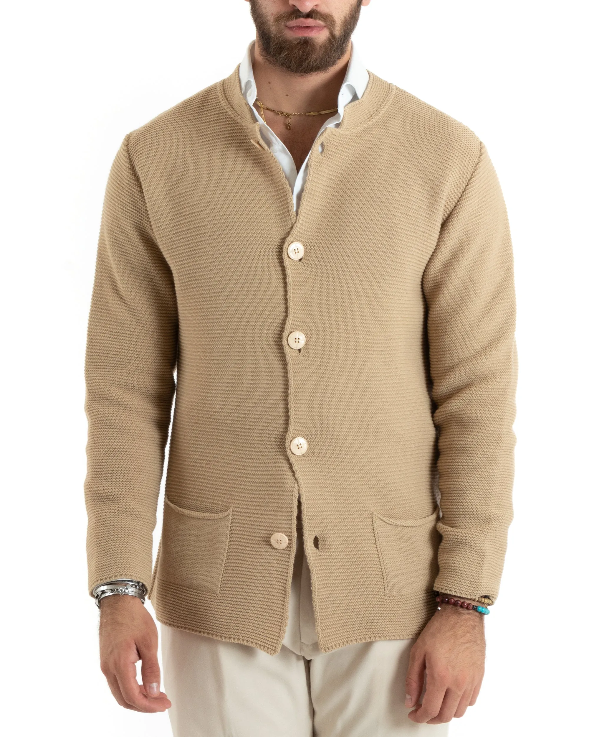 Cardigan Uomo Collo Coreano Maglioncino Monopetto Maglia Giacca Con Bottoni Beige Casual GIOSAL-M2672A