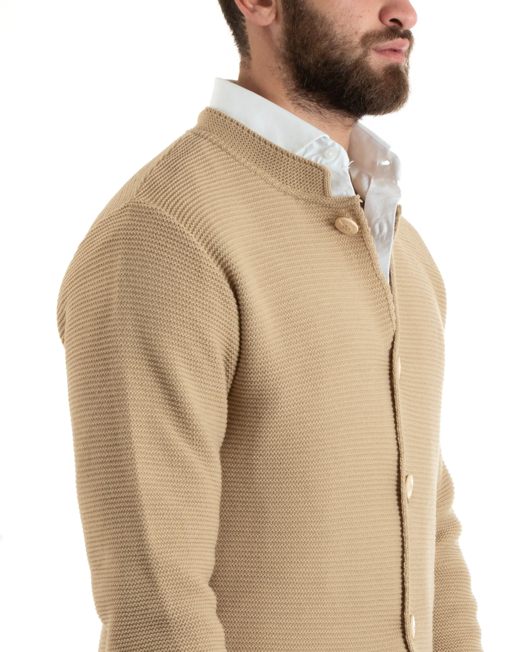 Cardigan Uomo Collo Coreano Maglioncino Monopetto Maglia Giacca Con Bottoni Beige Casual GIOSAL-M2672A