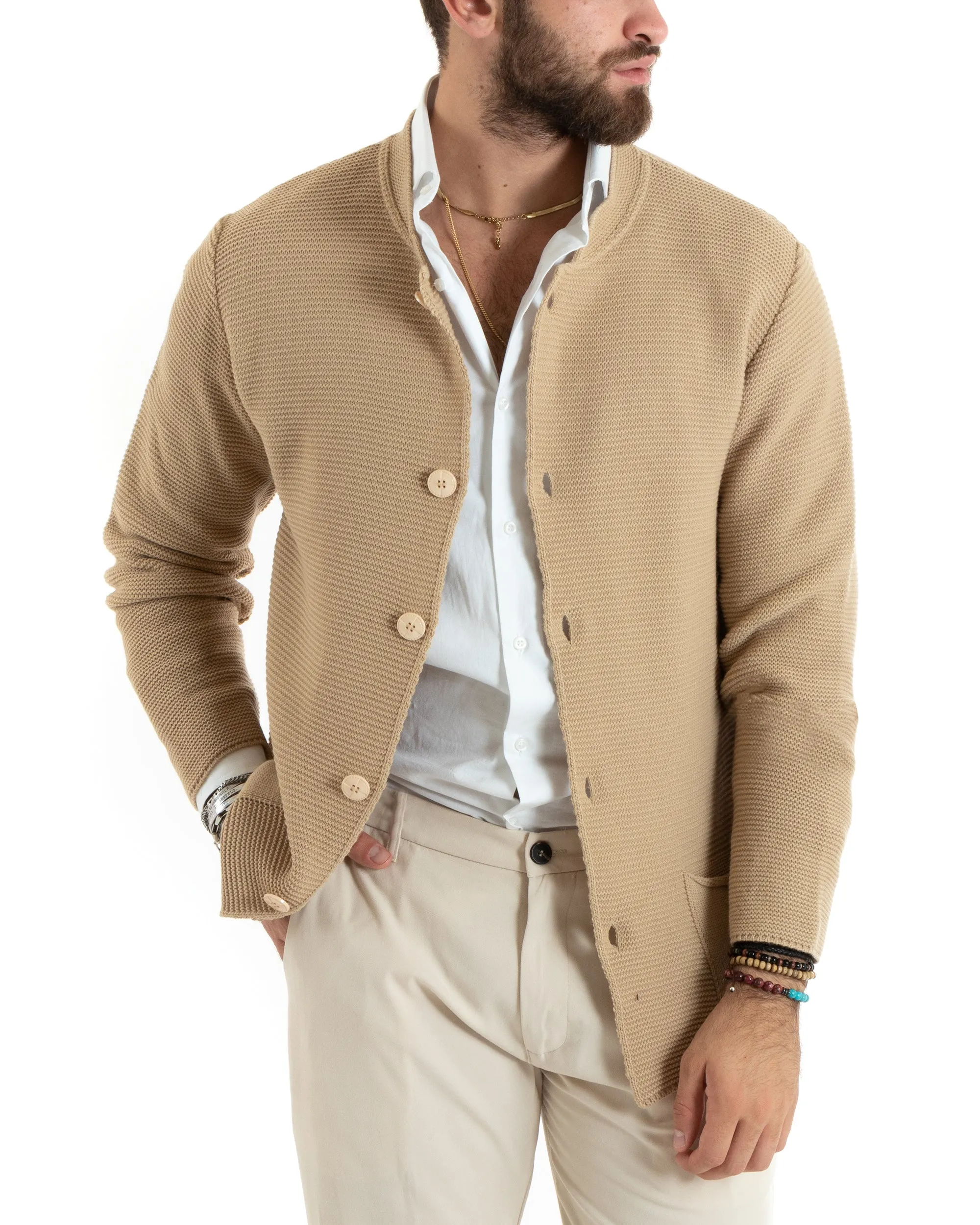 Cardigan Uomo Collo Coreano Maglioncino Monopetto Maglia Giacca Con Bottoni Beige Casual GIOSAL-M2672A