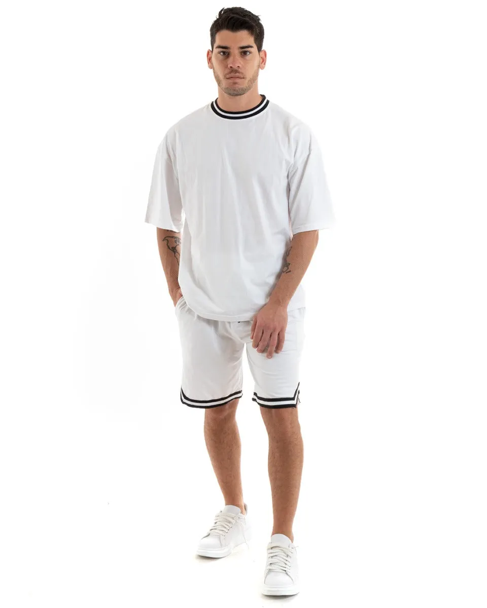 Completo Set Coordinato Uomo Cotone Viscosa T-Shirt Bermuda Outfit Bianco GIOSAL-OU2310A