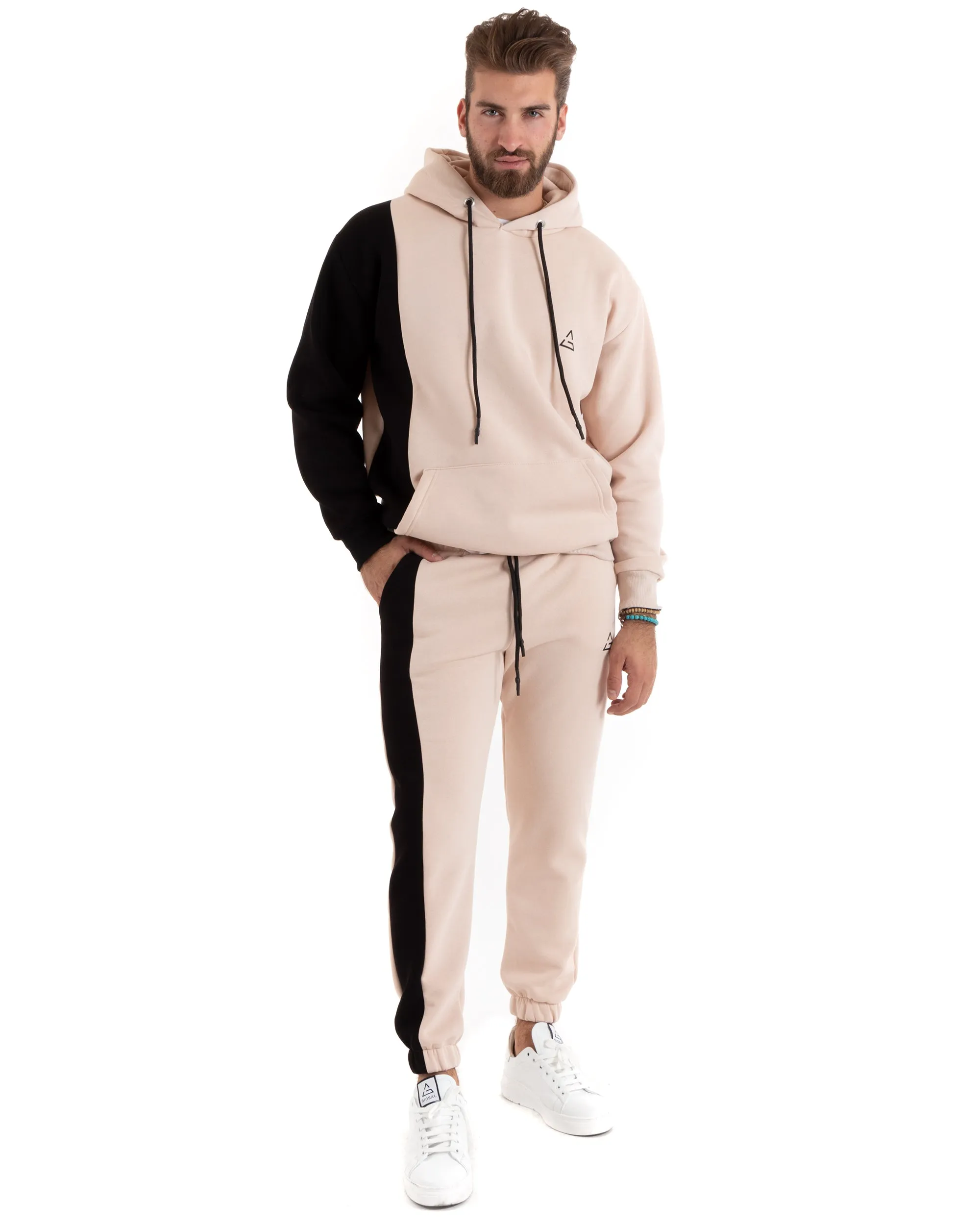 Completo Tuta Uomo Basic Felpa Con Cappuccio Pantaloni Cotone Felpato Tinta Unita Bicolore Rosa GIOSAL-OU2420A