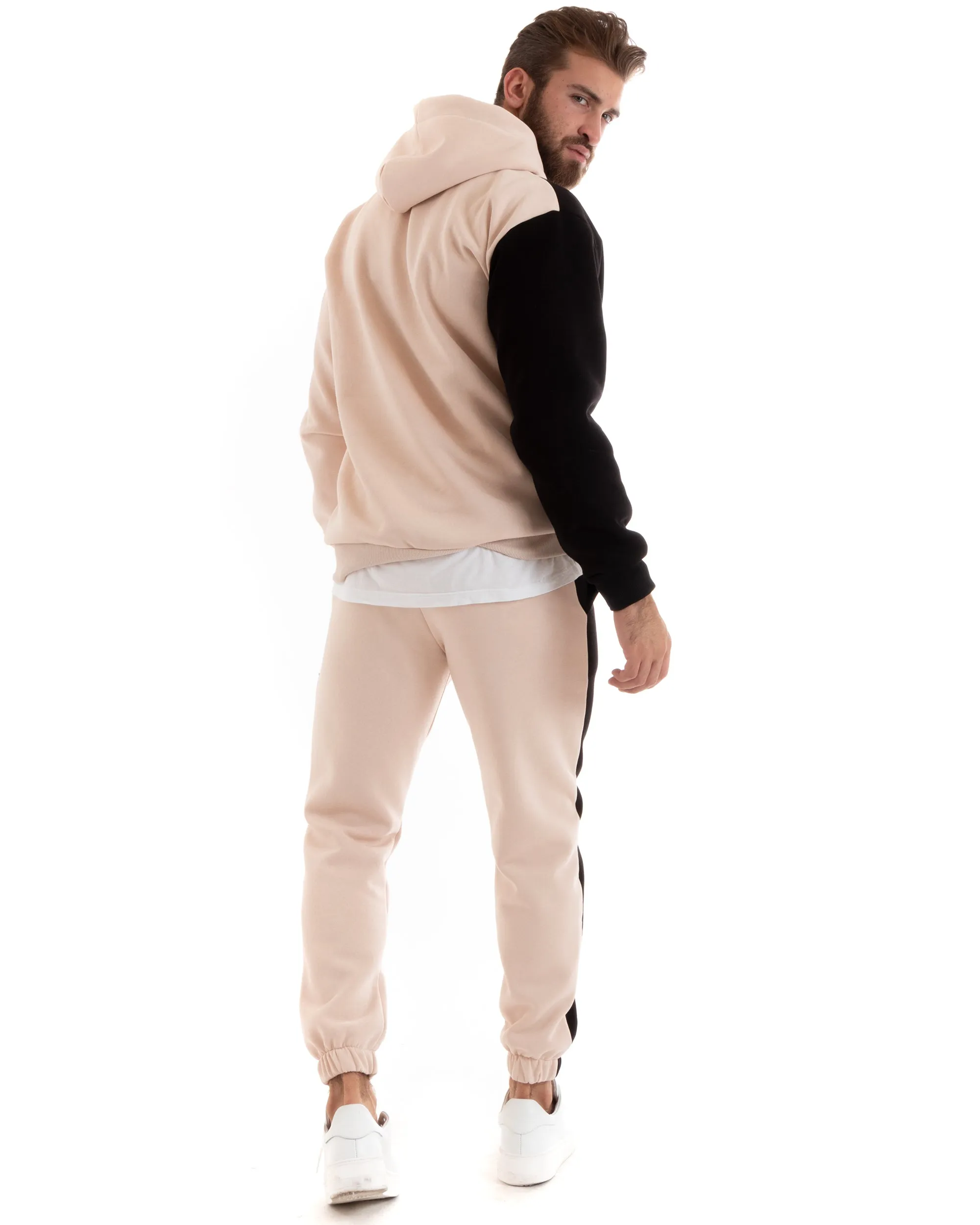 Completo Tuta Uomo Basic Felpa Con Cappuccio Pantaloni Cotone Felpato Tinta Unita Bicolore Rosa GIOSAL-OU2420A