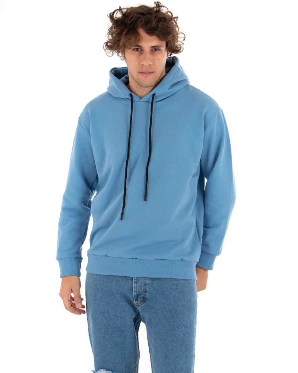 Felpa Con Cappuccio Uomo Basic Tinta Unita Azzurro Comoda Relaxed Fit Garzata Leggera GIOSAL-F2870A