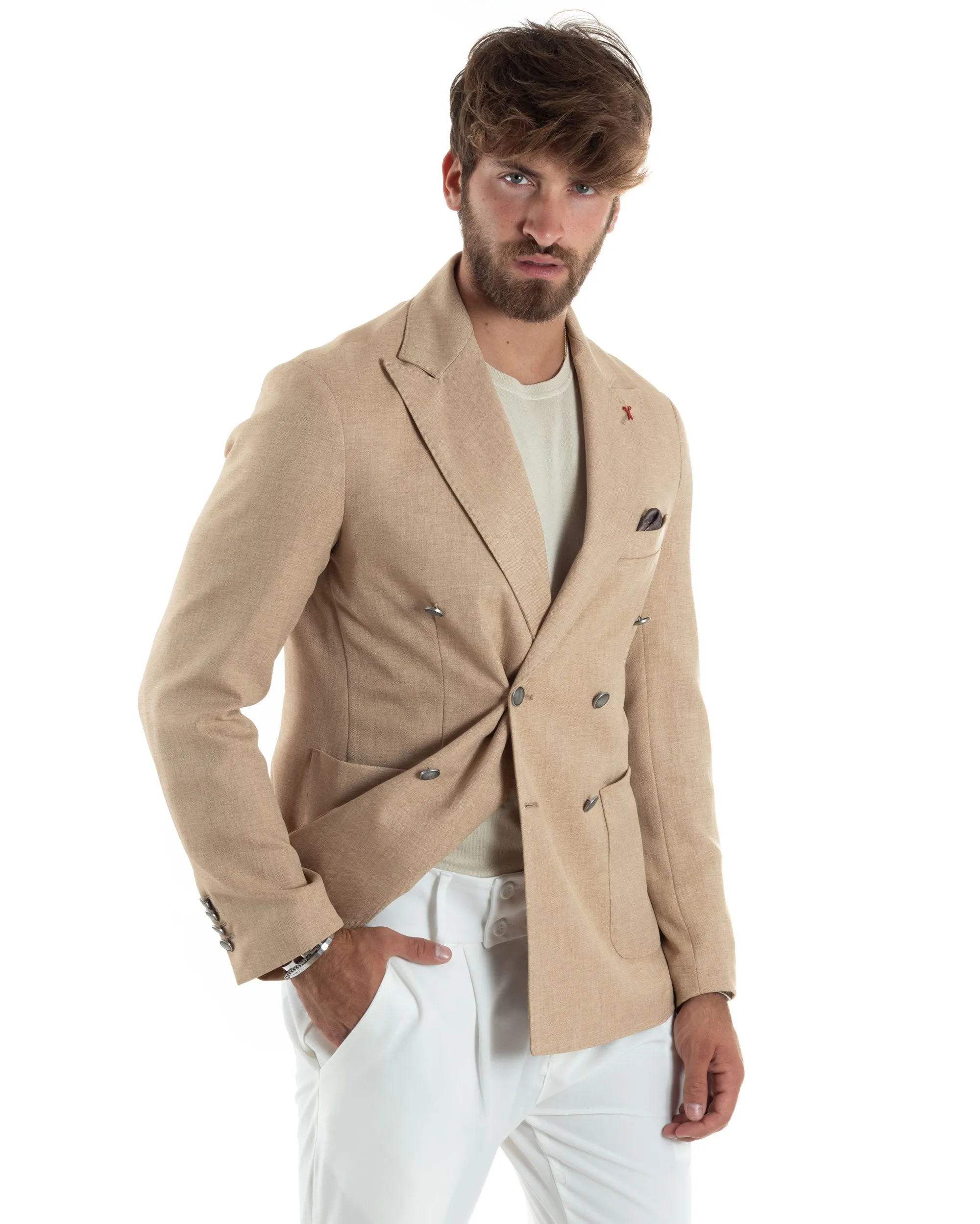 Giacca Uomo Doppiopetto Bottoni In Metallo Sartoriale Elegante Viscosa Tinta Unita Beige Casual Cerimonia GIOSAL-G3198A