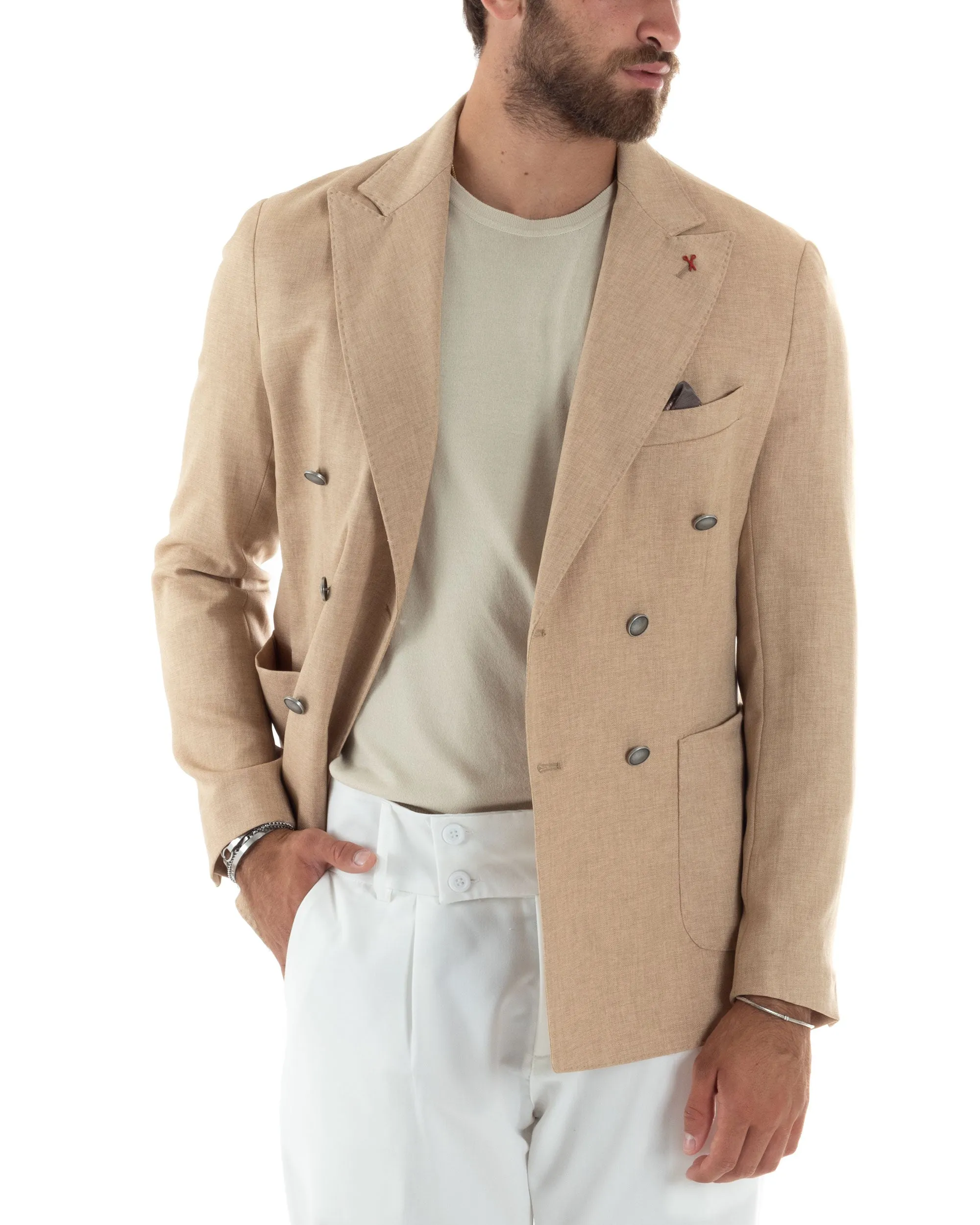 Giacca Uomo Doppiopetto Bottoni In Metallo Sartoriale Elegante Viscosa Tinta Unita Beige Casual Cerimonia GIOSAL-G3198A