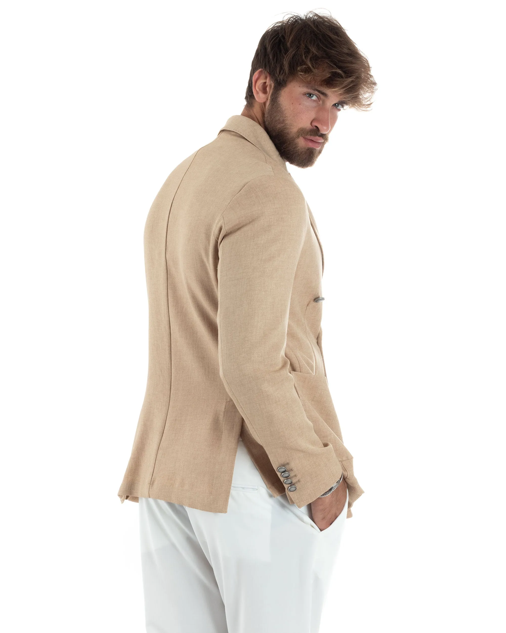 Giacca Uomo Doppiopetto Bottoni In Metallo Sartoriale Elegante Viscosa Tinta Unita Beige Casual Cerimonia GIOSAL-G3198A