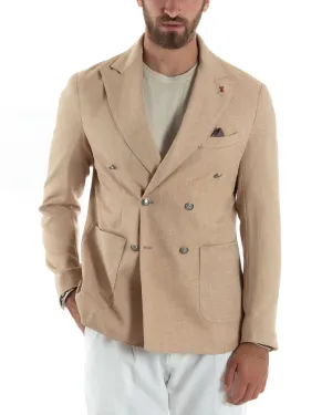 Giacca Uomo Doppiopetto Bottoni In Metallo Sartoriale Elegante Viscosa Tinta Unita Beige Casual Cerimonia GIOSAL-G3198A