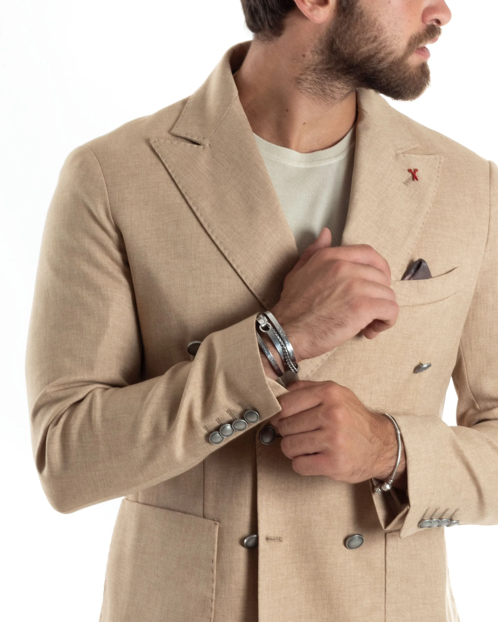 Giacca Uomo Doppiopetto Bottoni In Metallo Sartoriale Elegante Viscosa Tinta Unita Beige Casual Cerimonia GIOSAL-G3198A