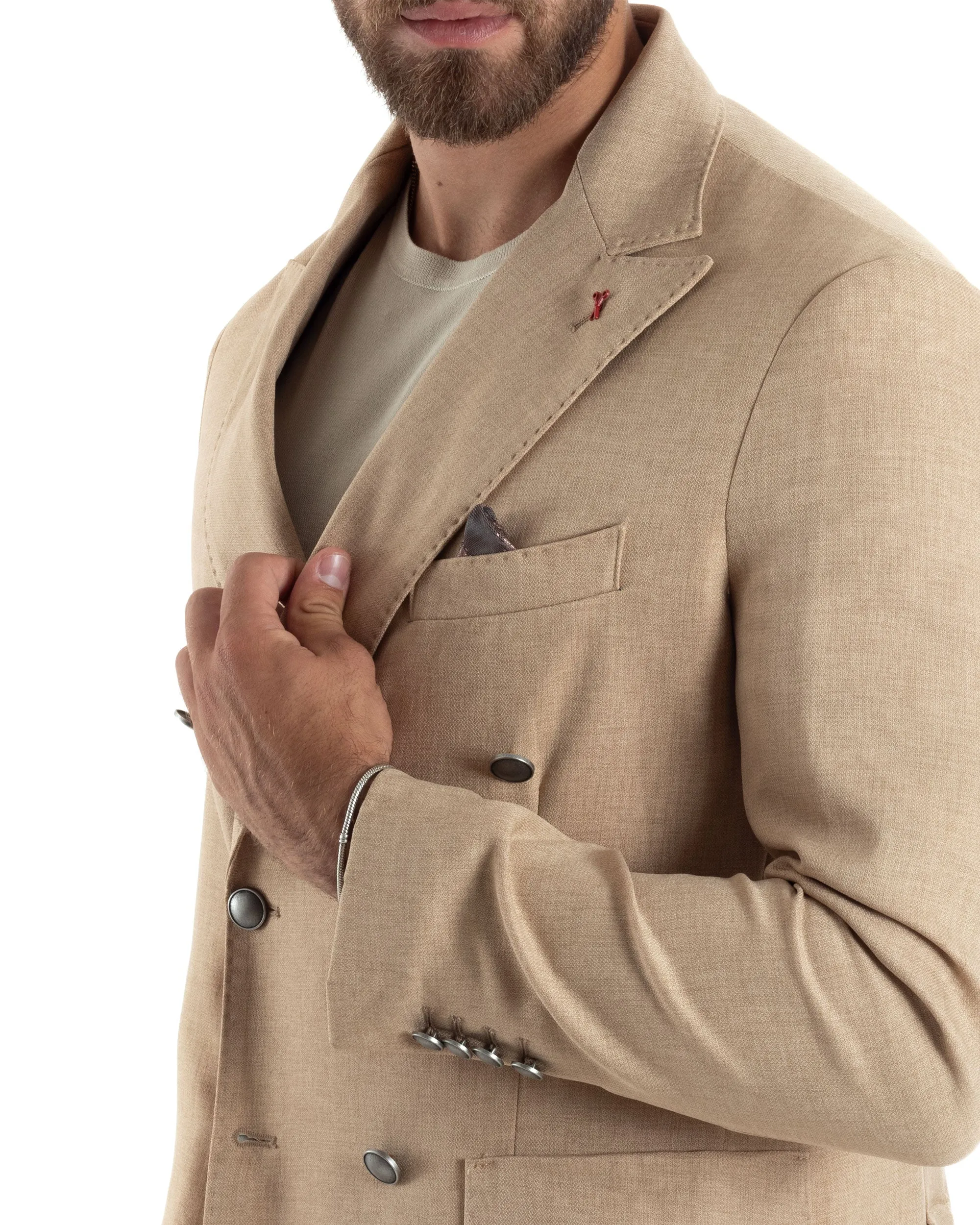 Giacca Uomo Doppiopetto Bottoni In Metallo Sartoriale Elegante Viscosa Tinta Unita Beige Casual Cerimonia GIOSAL-G3198A