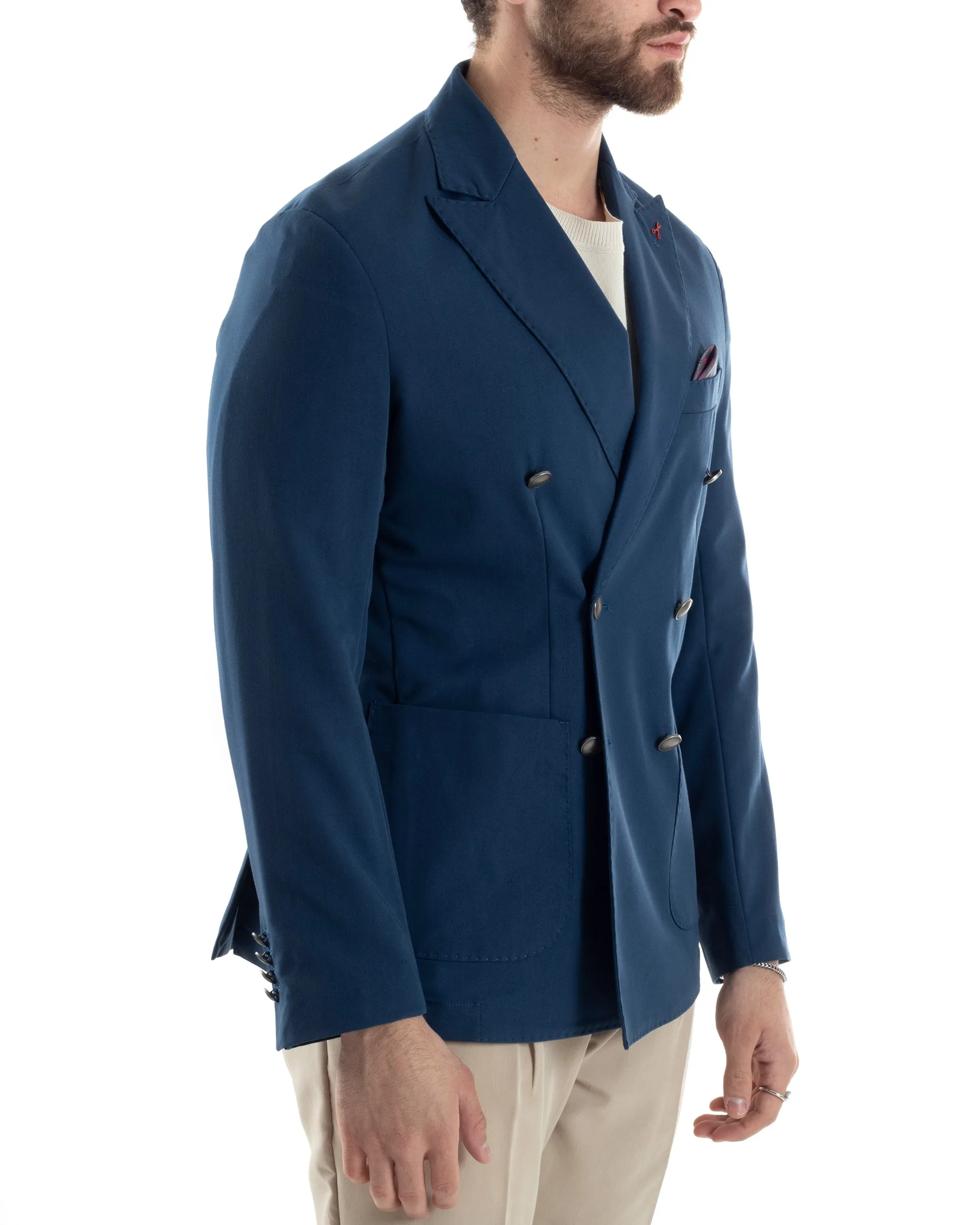 Giacca Uomo Doppiopetto Viscosa Tinta Unita Blu Sartoriale Cerimonia Elegante Casual GIOSAL-G3165A