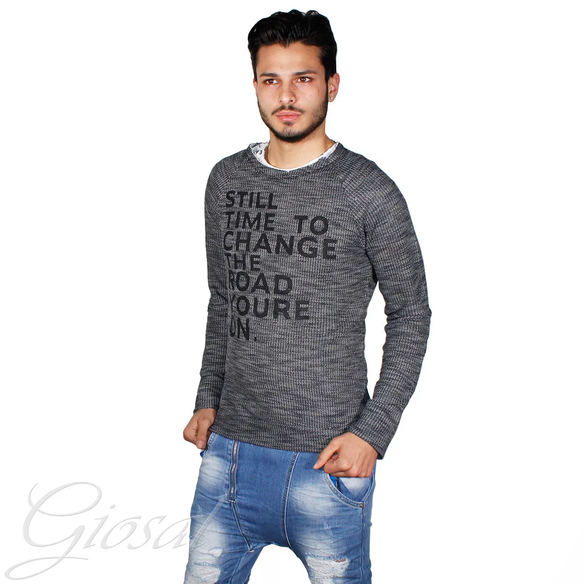 Maglioncino Uomo Maglia Melangiata Girocollo Nero GIOSAL-M1165A