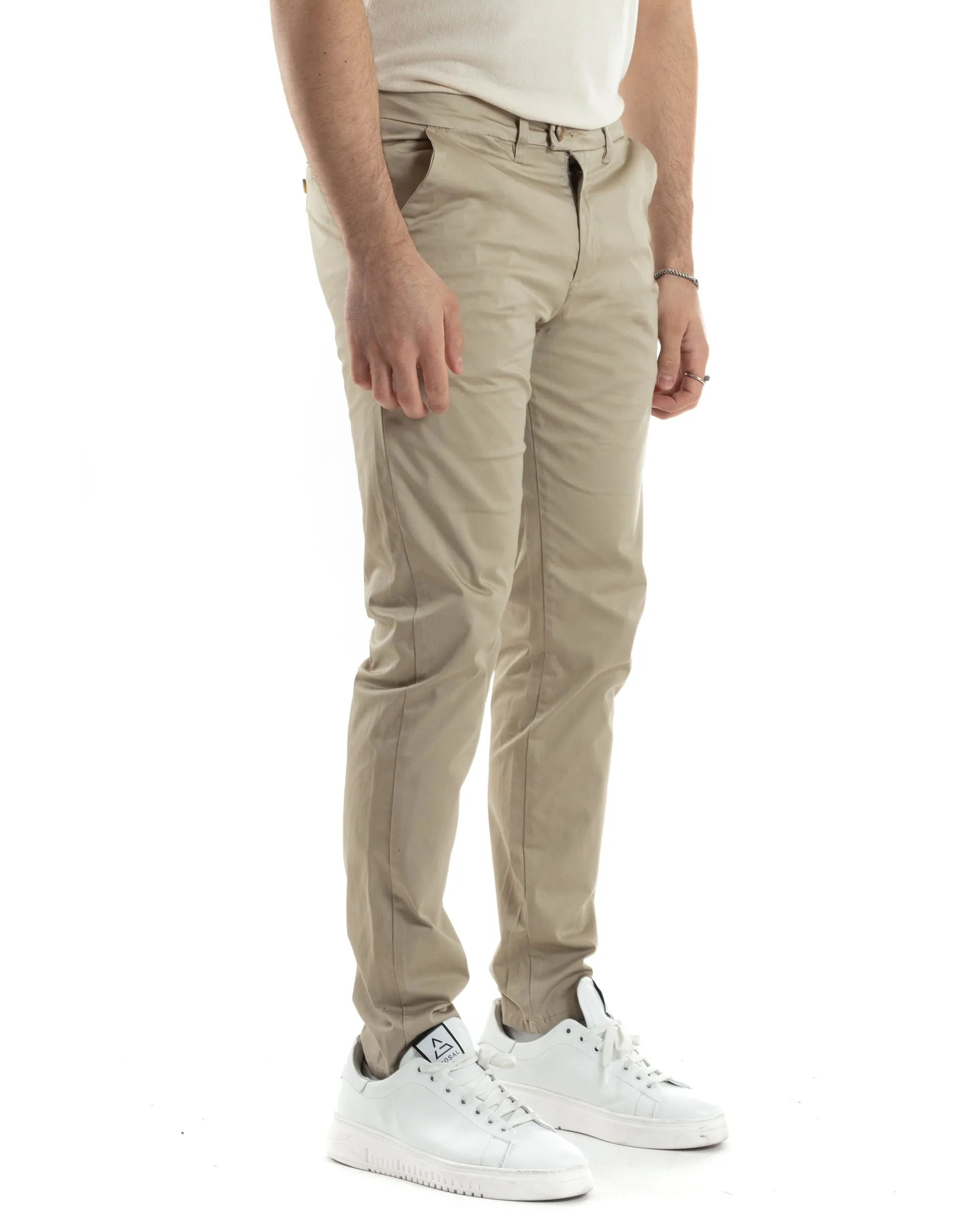 Pantaloni Uomo Cotone Raso Tasca America Slim Fit Abbottonatura Allungata Tinta Unita Beige GIOSAL-P6060A