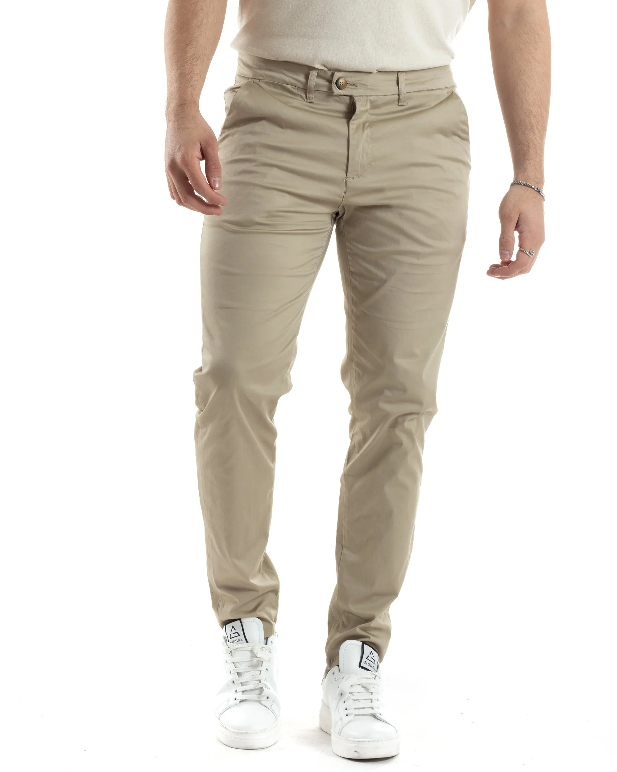 Pantaloni Uomo Cotone Raso Tasca America Slim Fit Abbottonatura Allungata Tinta Unita Beige GIOSAL-P6060A