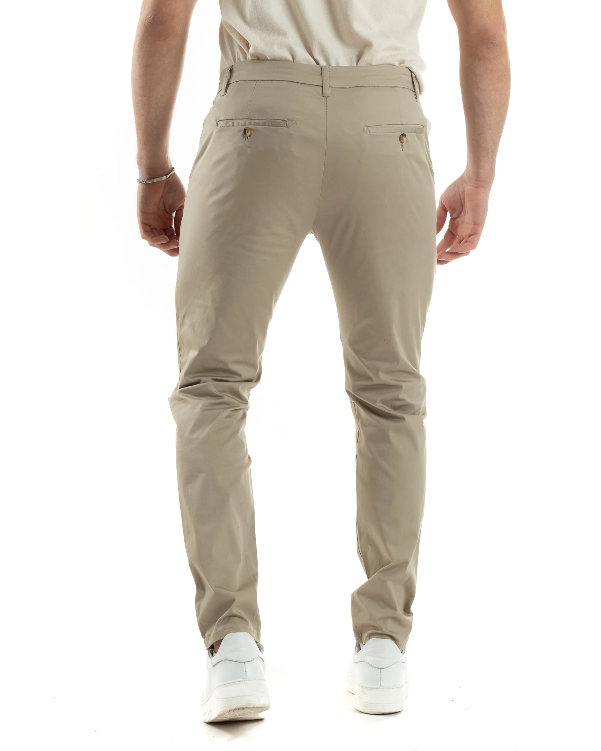 Pantaloni Uomo Cotone Raso Tasca America Slim Fit Abbottonatura Allungata Tinta Unita Beige GIOSAL-P6060A