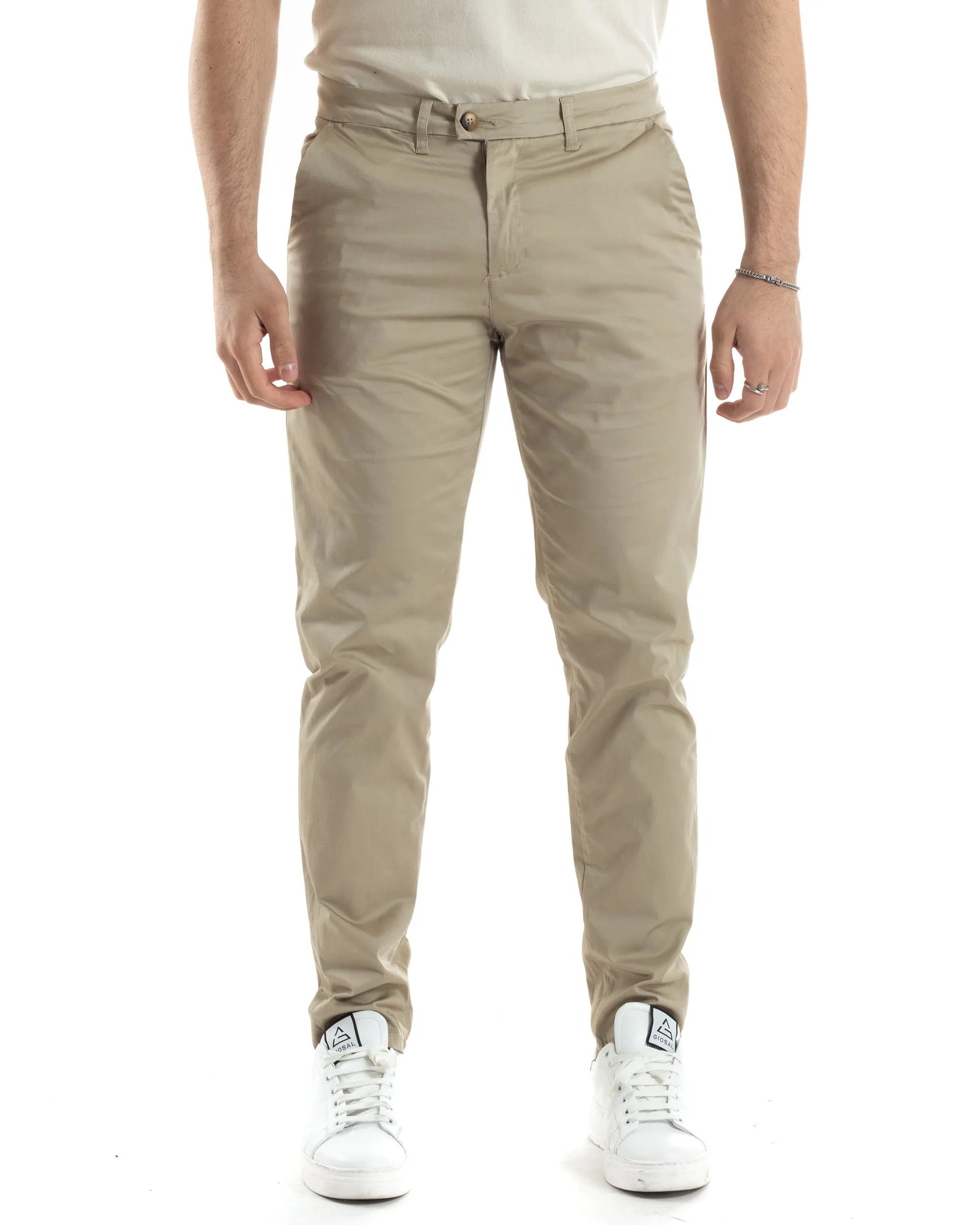 Pantaloni Uomo Cotone Raso Tasca America Slim Fit Abbottonatura Allungata Tinta Unita Beige GIOSAL-P6060A