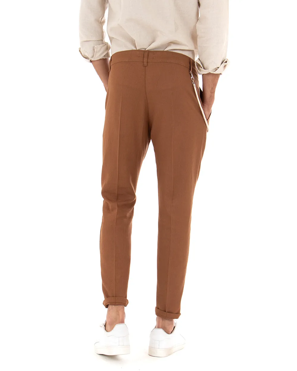 Pantaloni Uomo Lino Tasca America Abbottonatura Allungata Classico Elegante Camel GIOSAL-P5255A