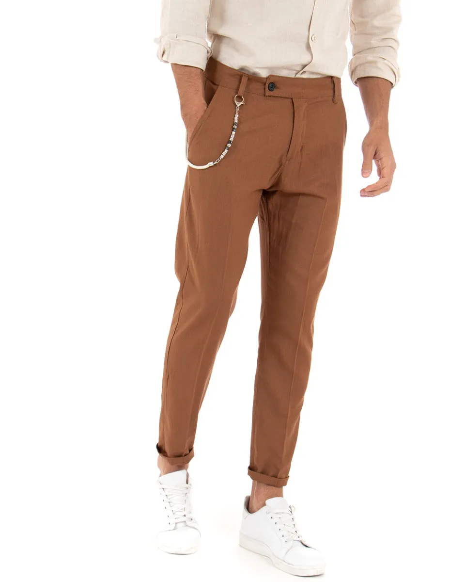 Pantaloni Uomo Lino Tasca America Abbottonatura Allungata Classico Elegante Camel GIOSAL-P5255A