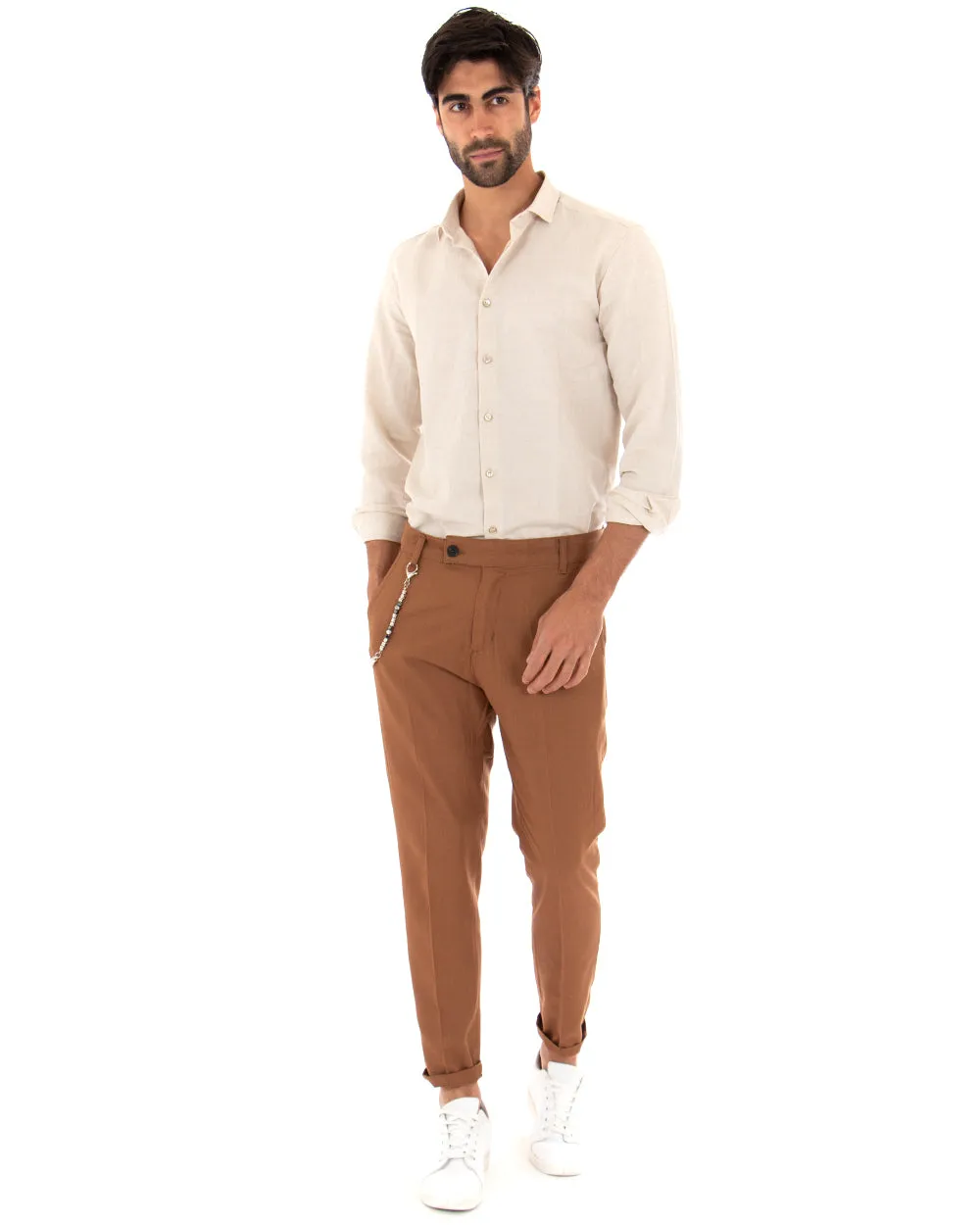 Pantaloni Uomo Lino Tasca America Abbottonatura Allungata Classico Elegante Camel GIOSAL-P5255A