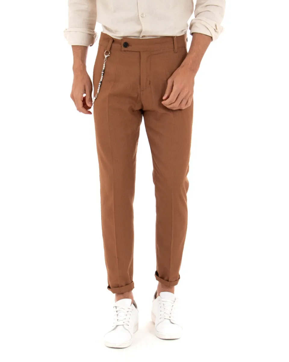 Pantaloni Uomo Lino Tasca America Abbottonatura Allungata Classico Elegante Camel GIOSAL-P5255A