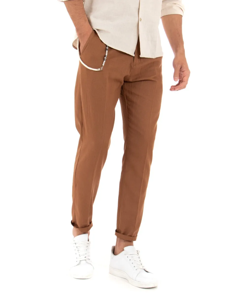 Pantaloni Uomo Lino Tasca America Abbottonatura Allungata Classico Elegante Camel GIOSAL-P5255A