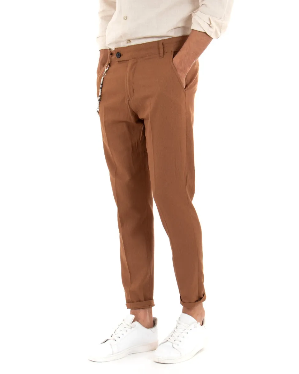 Pantaloni Uomo Lino Tasca America Abbottonatura Allungata Classico Elegante Camel GIOSAL-P5255A